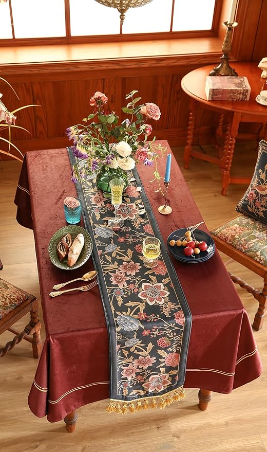 patdrea Designer Vintage Black Floral Extra Long Velvet Table Runner 118 Inch - Image 8