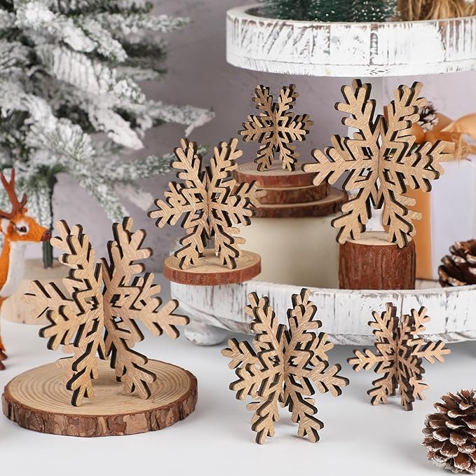 Bucherry 12 Pcs Wooden Snowflake Table Decor 3D Snowflake Tabletop Signs and by Bucherry
