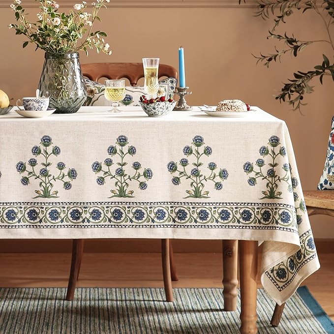 patdrea Designer Blue Square Tablecloth Table, Vintage Linen Leaves Floral - Image 2