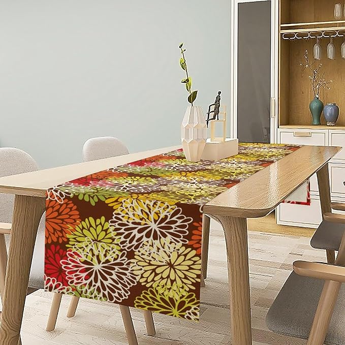 Brown Dahlia Floral Table Runner, Seasonal Autumn Thanksgiving Pattern Print - Image 4