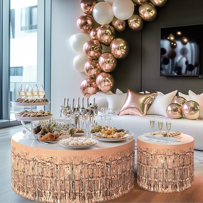 2 Pack Rose Gold Table Skirts, 29x108" Metallic Foil Tinsel Fringe Table Skirts - Image 9