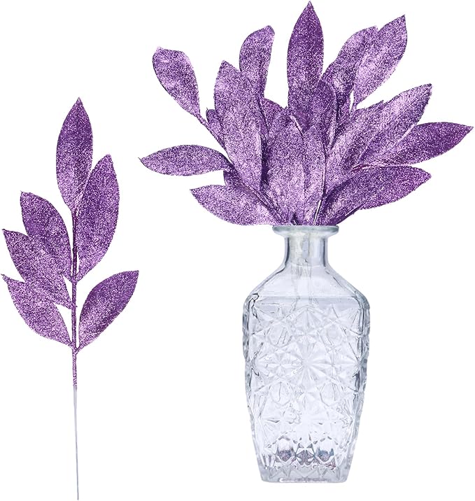 GREENTIME 12 Pack Artificial Purple Glitter Leaves 13" Fake Christmas Picks by Greentime