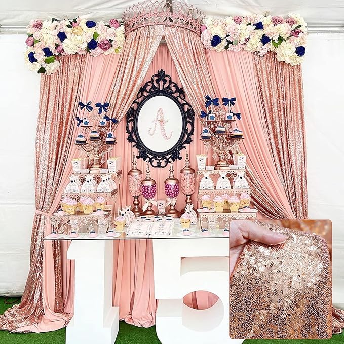 Backdrop Curtain Drapes 2 Panels Rose Gold Party Sequin Background 2FT x 8FT - Image 3