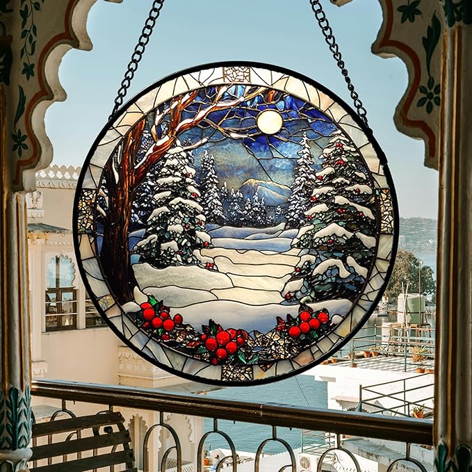 Stained Glass Window Hanging Christmas Tree Winter Snow Night Scenery Large - Image 3