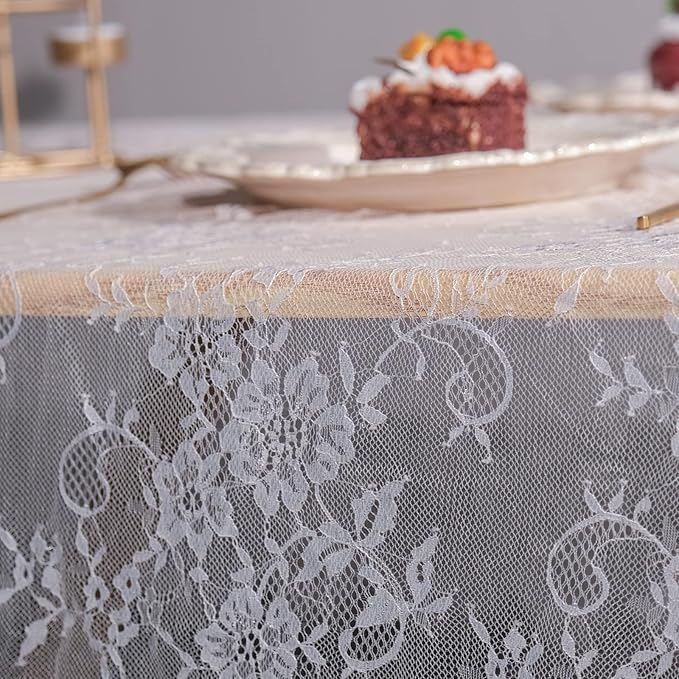 TINWIN Rectangle Lace Tablecloth 60x120 Inch White Vintage Runner Eyelash Fabric - Image 9