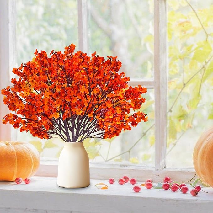 12PCS Fake Fall Flowers Orange Baby Breath Artificial Flowers Real Touch Silk - Image 7