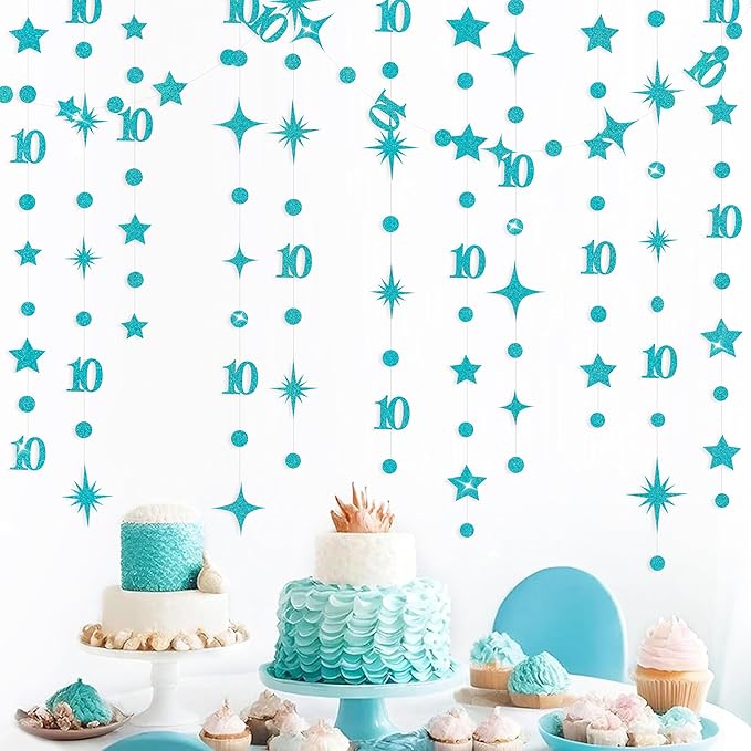 Teal Blue 10th Birthday Decorations Number 10 Circle Dot Star Garland Glitter by pinkblume