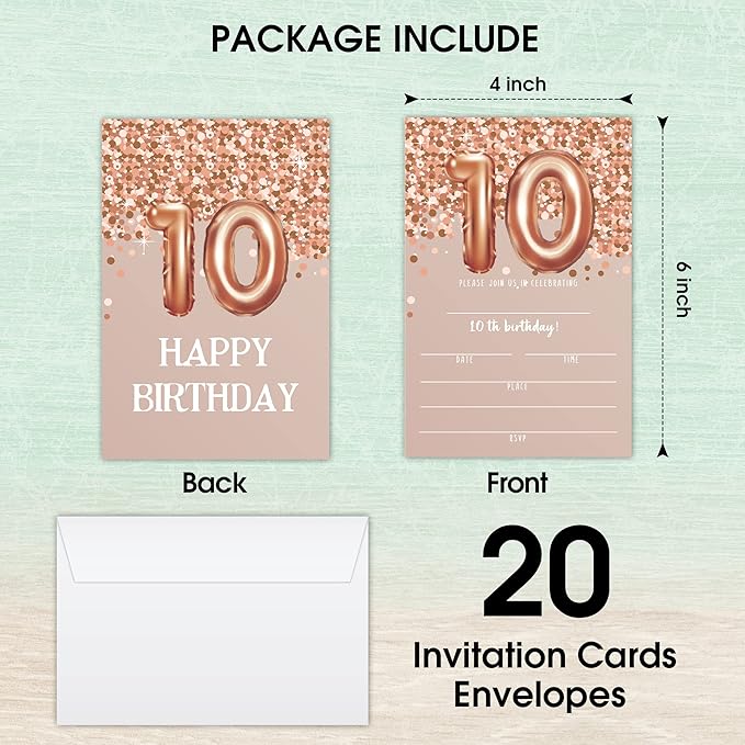 10th Birthday Invitation Cards, Rose Gold Glitter 10th Birthday Party Invites - Image 2