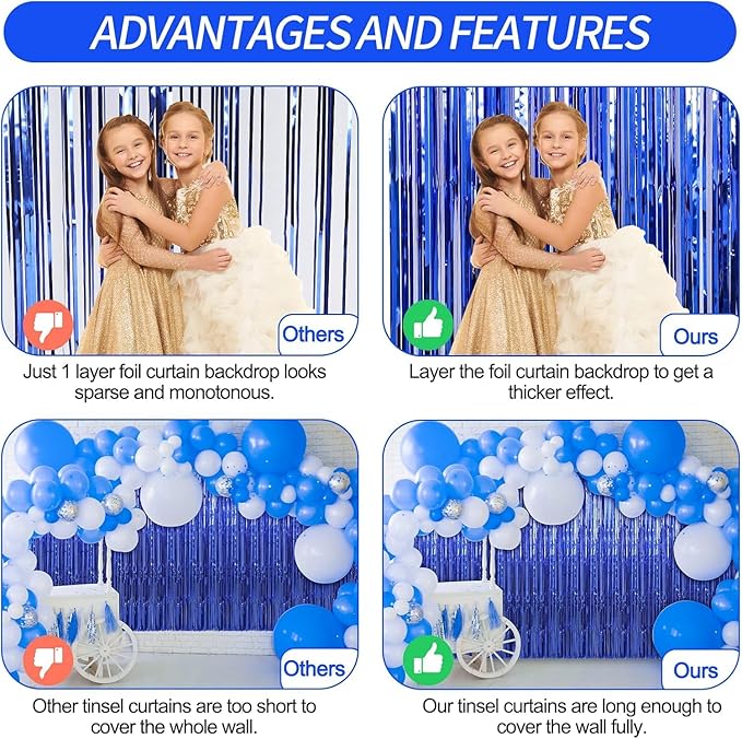 Crosize 8 Pack 3.3 x 9.9 ft Dark Blue Foil Fringe Curtains Party Decorations - Image 4