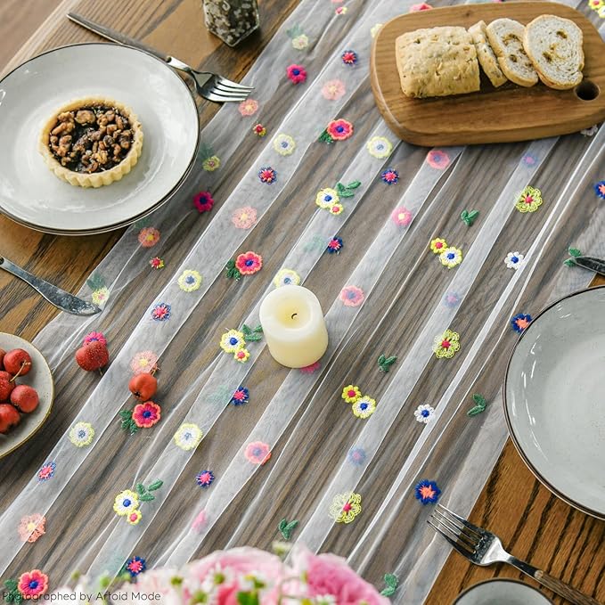 Artoid Mode 3PCS Embroidery Daisy Gauze Table Runner 120 Inch 10FT, Seasonal - Image 6