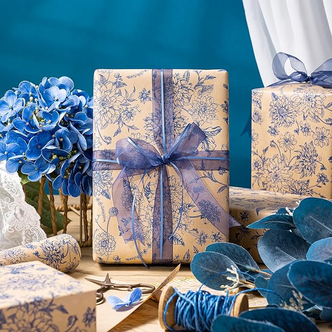 WRAPAHOLIC Kraft Blue Floral Wrapping Paper - Image 5