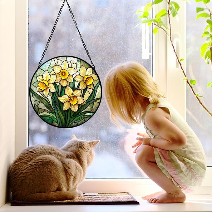 Stained Glass Window Hanging, Daffodil Plant Flowers Sun Catchers Diamond Glass - Image 2