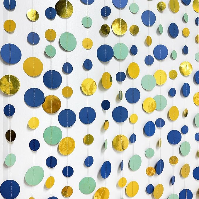 Blue Gold Green Decorations Circle Dots Garland Metallic Gold Navy Blue by pinkblume