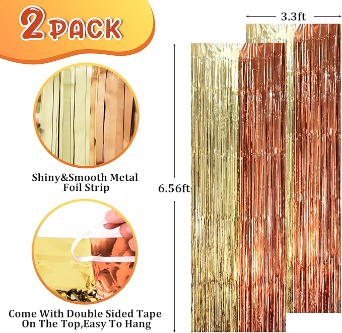 2 Pack Rose and Champion Foil Fringe Backdrop Curtains, Tinsel Streamers Party - Image 2