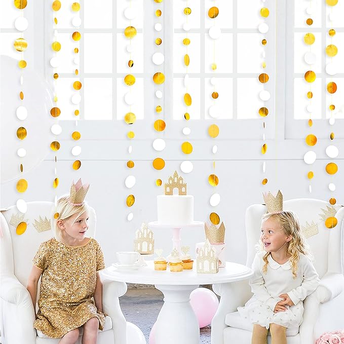 46 Feet White and Gold Circle Dots Garland Hanging Paper Polka Dots Streamer - Image 8