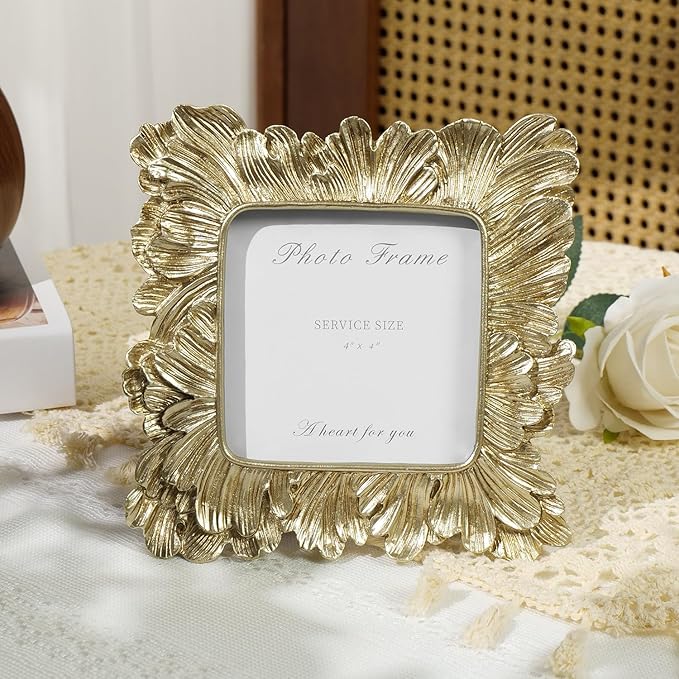 Cuspin Gold Picture Frames 4x4, Vintage Gold Resin Photo Frame Palm Leaves - Image 3