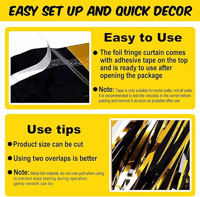 6 Pack Black and Gold Foil Fringe Curtains Backdrop, 3.28 x 8.2 Ft Metallic - Image 3