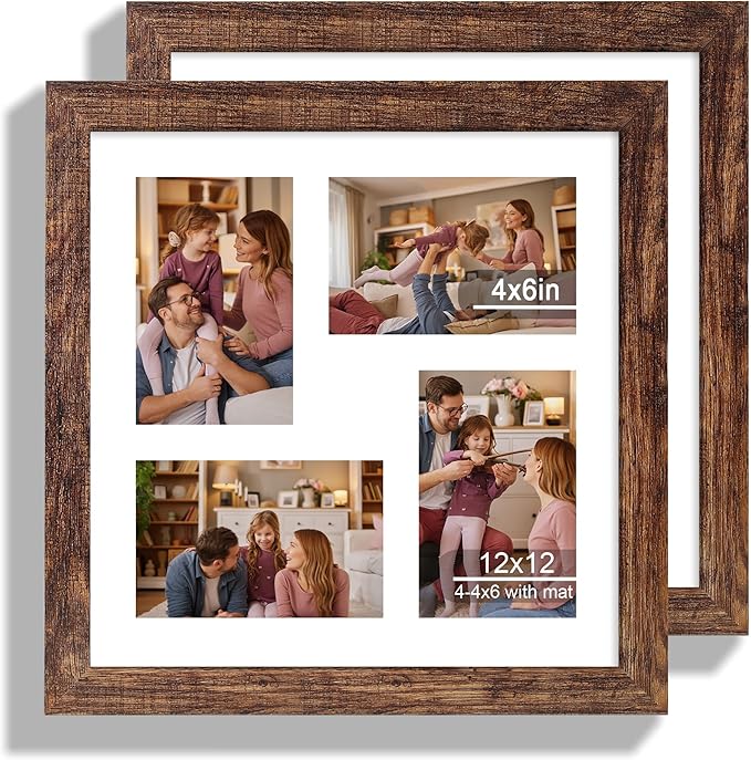 12x12 Picture Frame Set of 2, Rustic Brown Wood Frame by Hongkee