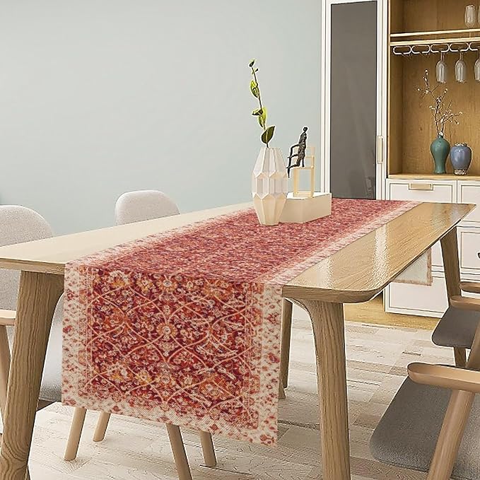 Boho Floral Vintage Table Runner, Retro Red Flower Rustic Country Farmhouse - Image 3