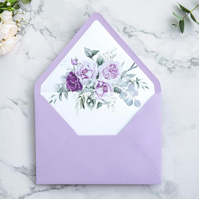 PONATIA 50PCS A7 Euro Flap Envelopes, 5.25 x 7.25'' Lilac Flowers Liner - Image 3