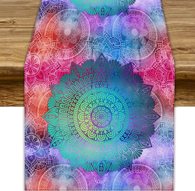 Green Mandala Table Runner, Bohemian Vintage Colorful Exotic Colorful Floral by JanJCurt