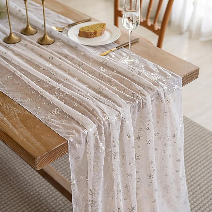 Silvery Snowflake Metallic Print Tulle Christmas Table Runner, Seasonal Winter - Image 7