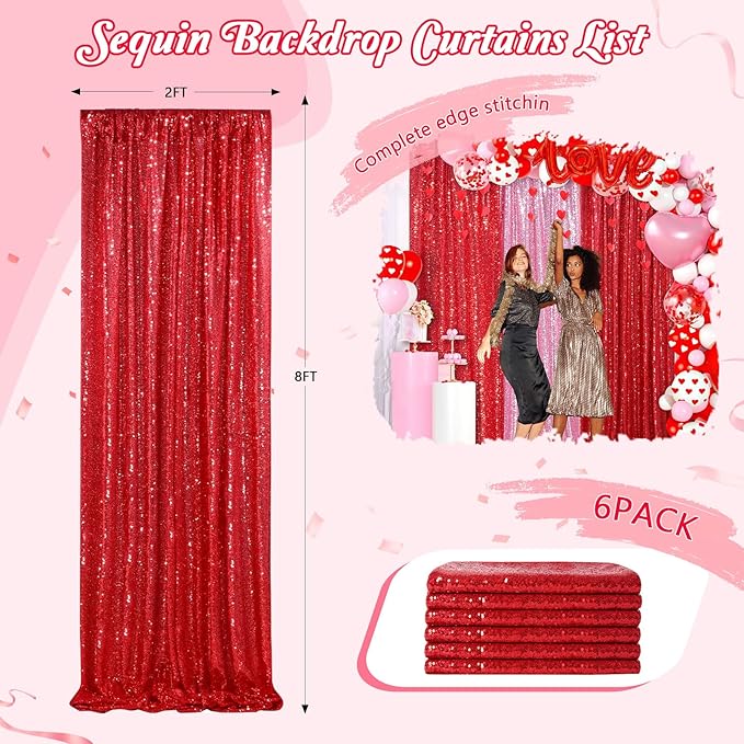 Sparkly Backdrop Curtains 6 Pcs 2ftx8ft Red Curtains Birthday Party Backdrop - Image 3