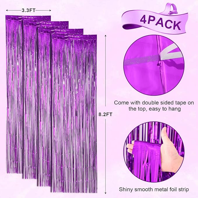 4 Pack Purple Foil Fringe Backdrop Curtains, Tinsel Streamers Birthday Party - Image 3