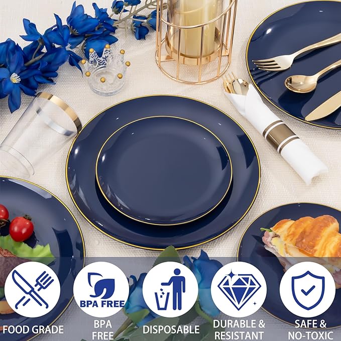 KIRE 350Pcs Blue and Gold Plates -Heavy Duty Navy Blue Dinnerware Set - Image 2