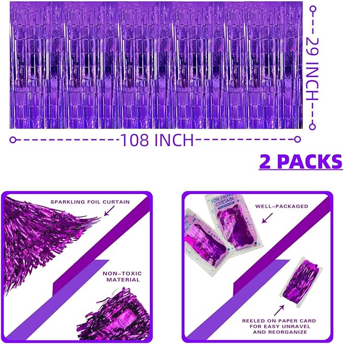 Purple Streamers Party Decorations, 2 Packs Purple Table Skirts Metallic Foil - Image 2
