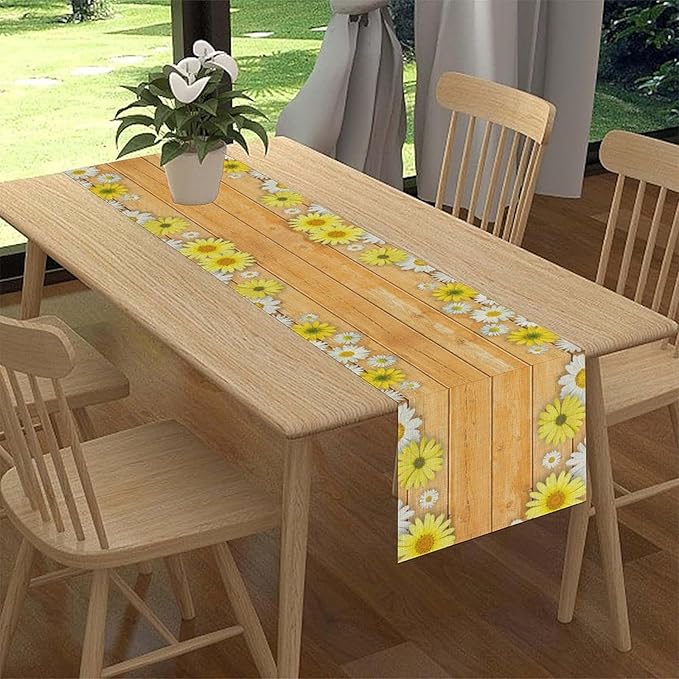 Farmhouse Floral Table Runner, Spring Seasonal Yellow Daisy Sunflower Retro - Image 3
