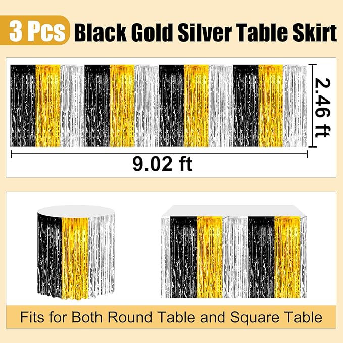 3 Pack 29 x108 Inch Black Gold Silver Foil Fringe Table Skirts Metallic Banner - Image 2