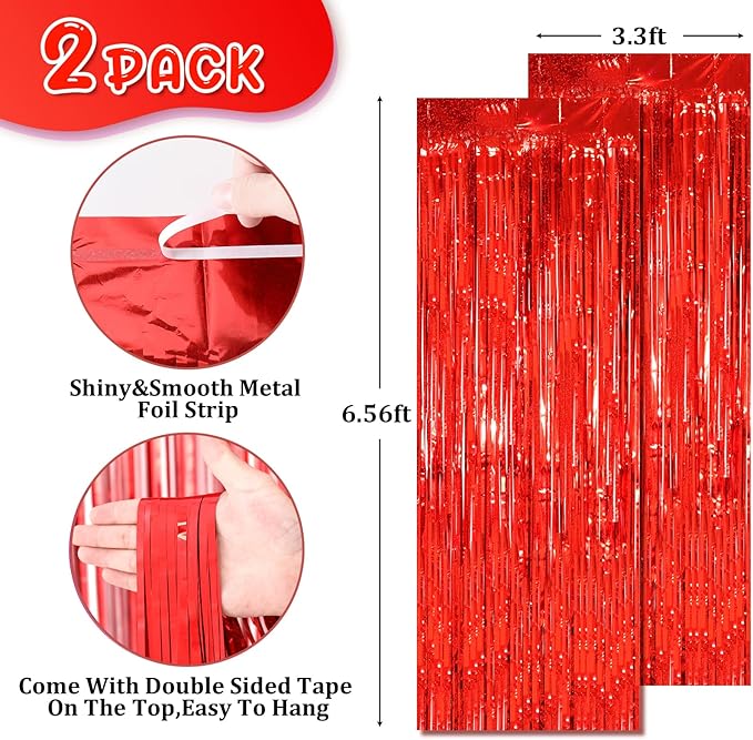 2 Pack Red Tinsel Foil Fringe Curtains, Metallic Tinsel Party Streamers Backdrop - Image 3