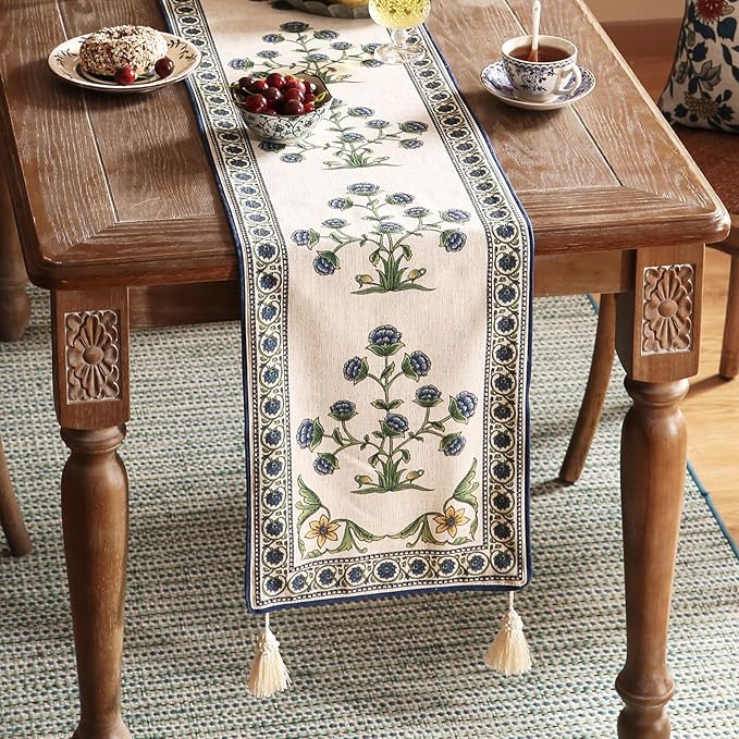 patdrea Designer Blue Rustic Elegant Floral Patterned Linen Table Runner 102 - Image 9