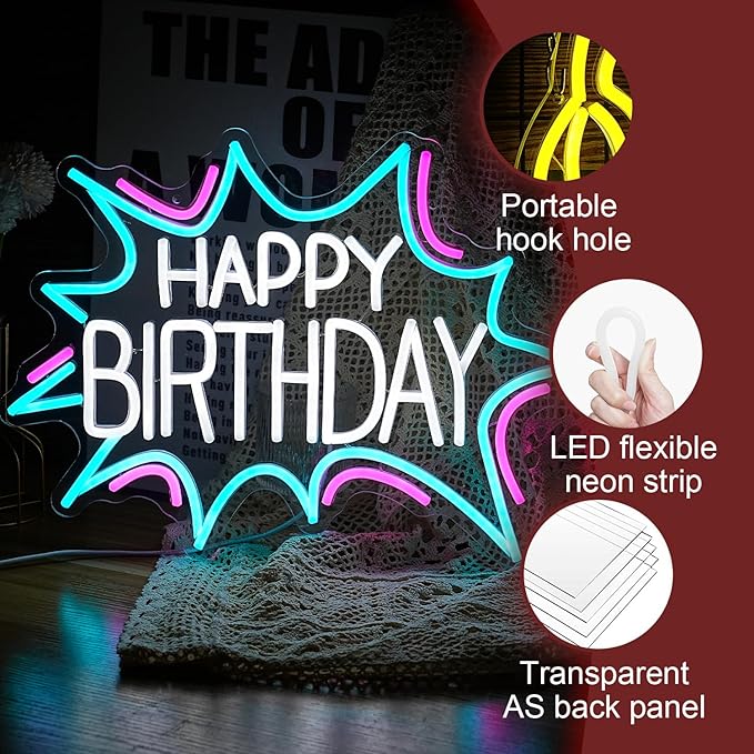 Happy Birthday Neon Sign Dimmable Celebrate Birthday Neon Light Powered by USB - Image 3