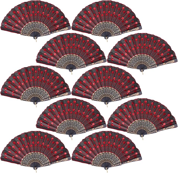 QIRMIZI 10 Pack Fabric Folding Handheld Fans, and Dancing by QIRMIZI
