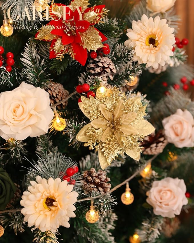 Christmas Artificial Flowers Poinsettia Flower Mix Silk Flowers Fake Roses - Image 4