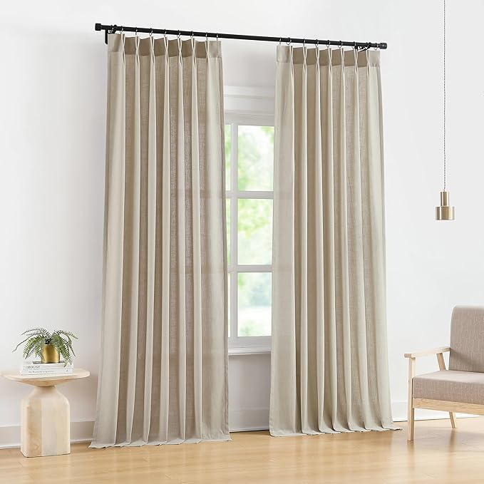 Vision Home Sand Pinch Pleated Semi Sheer Curtains Textured Linen Blended Light by VisionHome