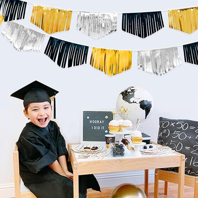 Black Silver Gold Tassel Banner Double Sided Metallic Fabric Pennant Bunting - Image 5