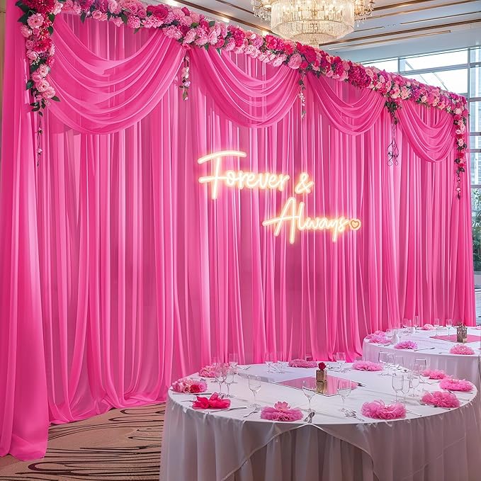 10ft x 10ft Hot Pink Backdrop Curtains, Wrinkle-Free Sheer Chiffon Fabric Photo - Image 4