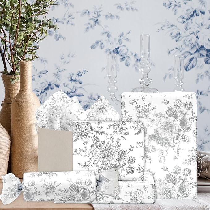 JarThenaAMCS 100 Sheets Floral Tissue Paper Silver Flower Gift Wrapping Paper - Image 7