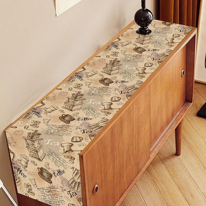 Coffee Theme Table Runner, Rustic Farmhouse Coffee Cup Tea Party Cafe Table - Image 2