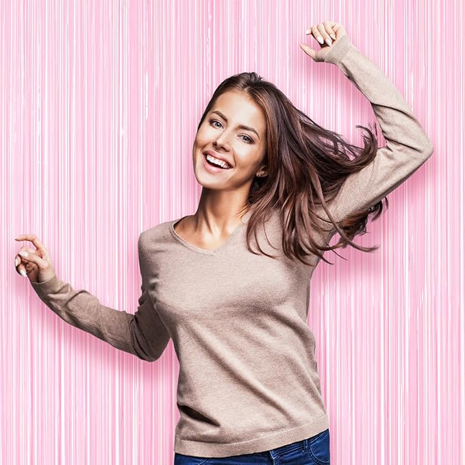 2 Pack Pastel Pink Tinsel Foil Fringe Curtains, Metallic Tinsel Party Streamers - Image 6