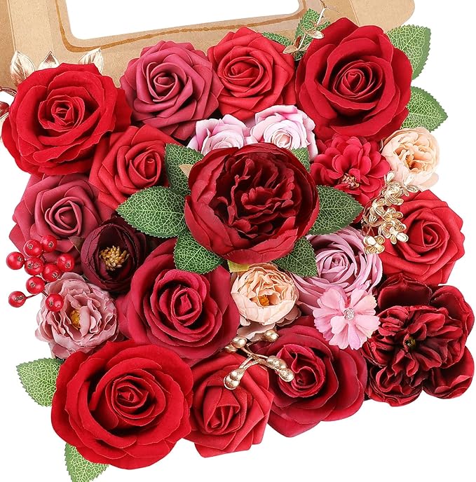 AmyHomie Red Artificial Flowers Combo Silk Mix Peony Rose Fake Flowers w/Stem by AmyHomie