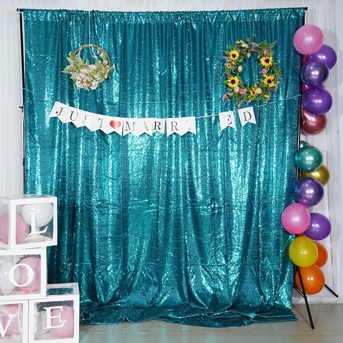 Poise3EHome 8Ft x 10Ft Teal Sequin Backdrop, Glitter Thick Satin Sequin - Image 2