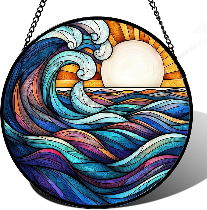 Stained Glass Window Hanging, Big Wave Sun Suncatcher Diamond Glass Panel by DASTOLL