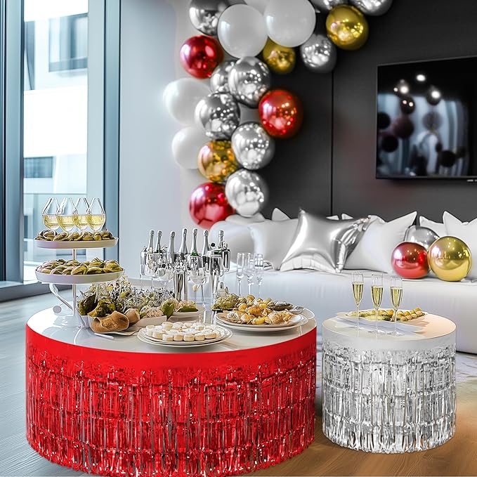 3 Pack Red Dark Blue Silver Table Skirts, 29x108" Metallic Foil Tinsel Fringe - Image 9