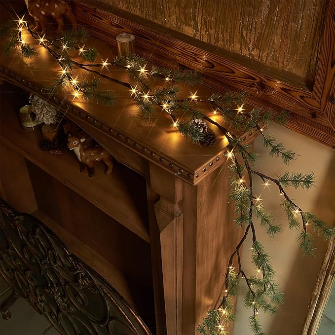 Fudios Lighted Christmas Pine Garland 6FT 48 Warm White LED Battery Operated - Image 6