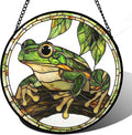 Stained Glass Window Hanging, Frog Green Leaf Sun Catchers Colorful Glass Panel by DASTOLL
