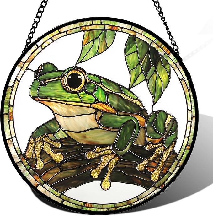 Stained Glass Window Hanging, Frog Green Leaf Sun Catchers Colorful Glass Panel by DASTOLL